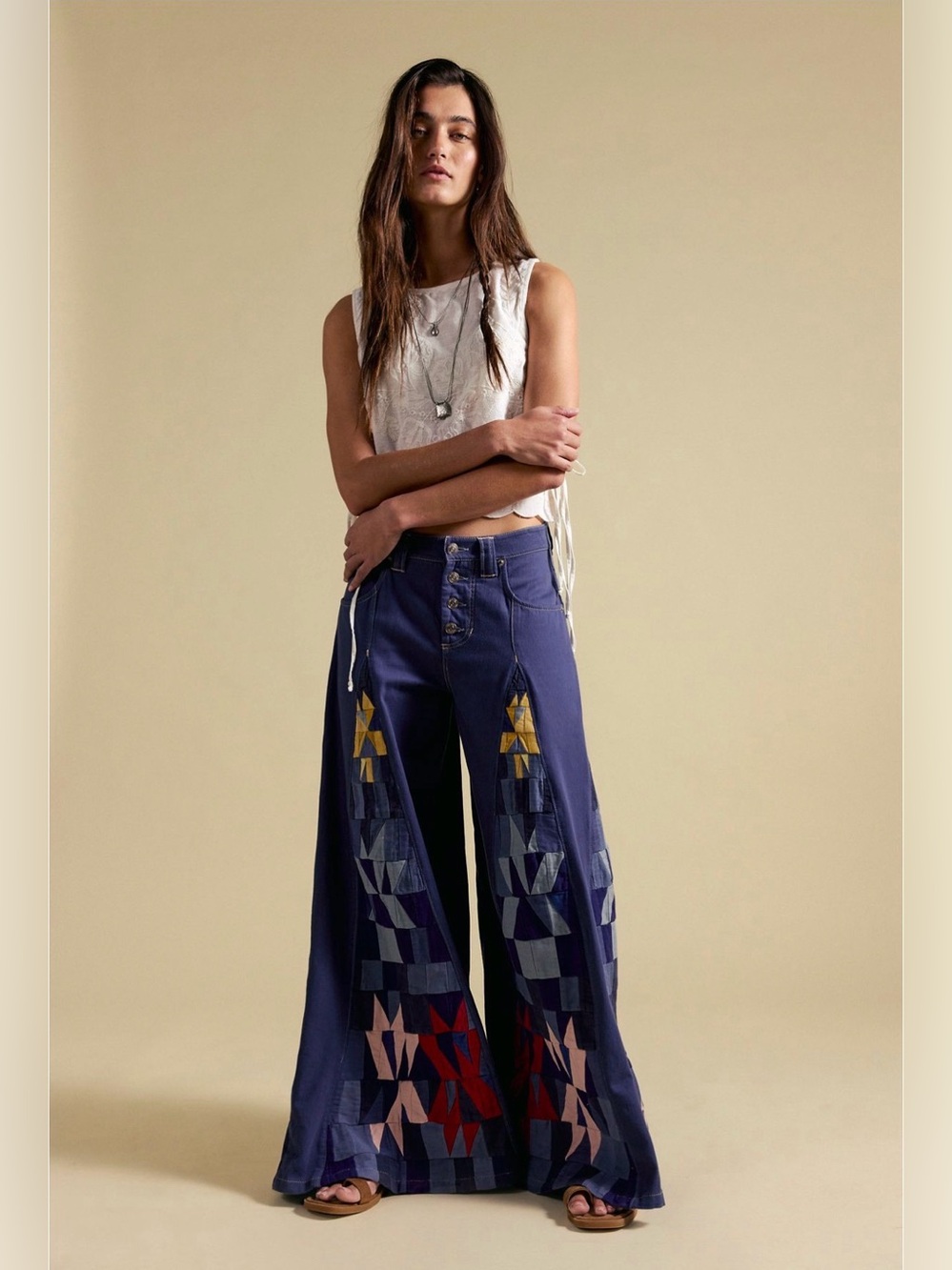 Free People Kaleidoscope Wide Leg Jeans Patchwork Blue Size 24